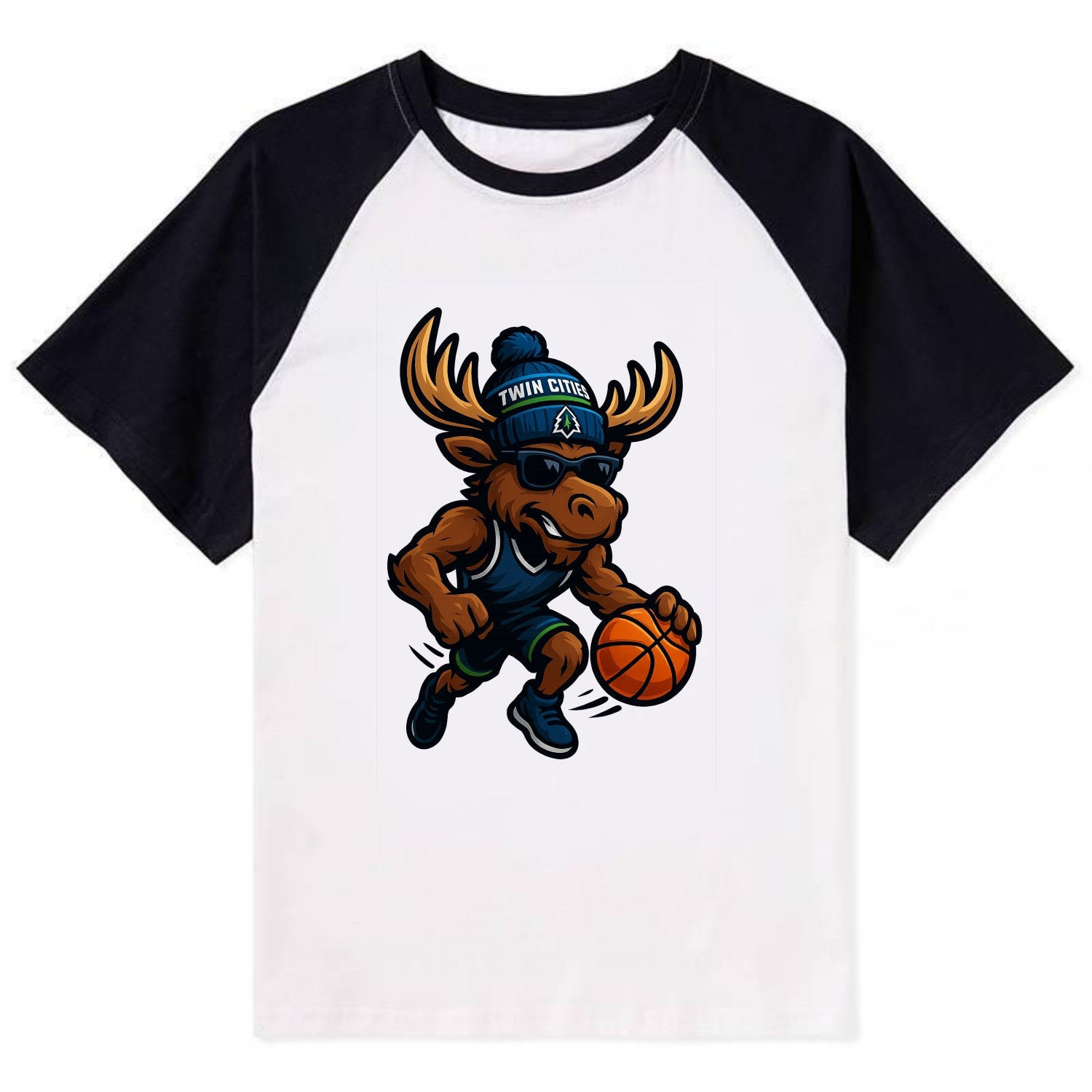 Twin Cities Moose wearing Timberwolves beanie with pine tree patch and - Contrast Raglan T-shirt - Black
