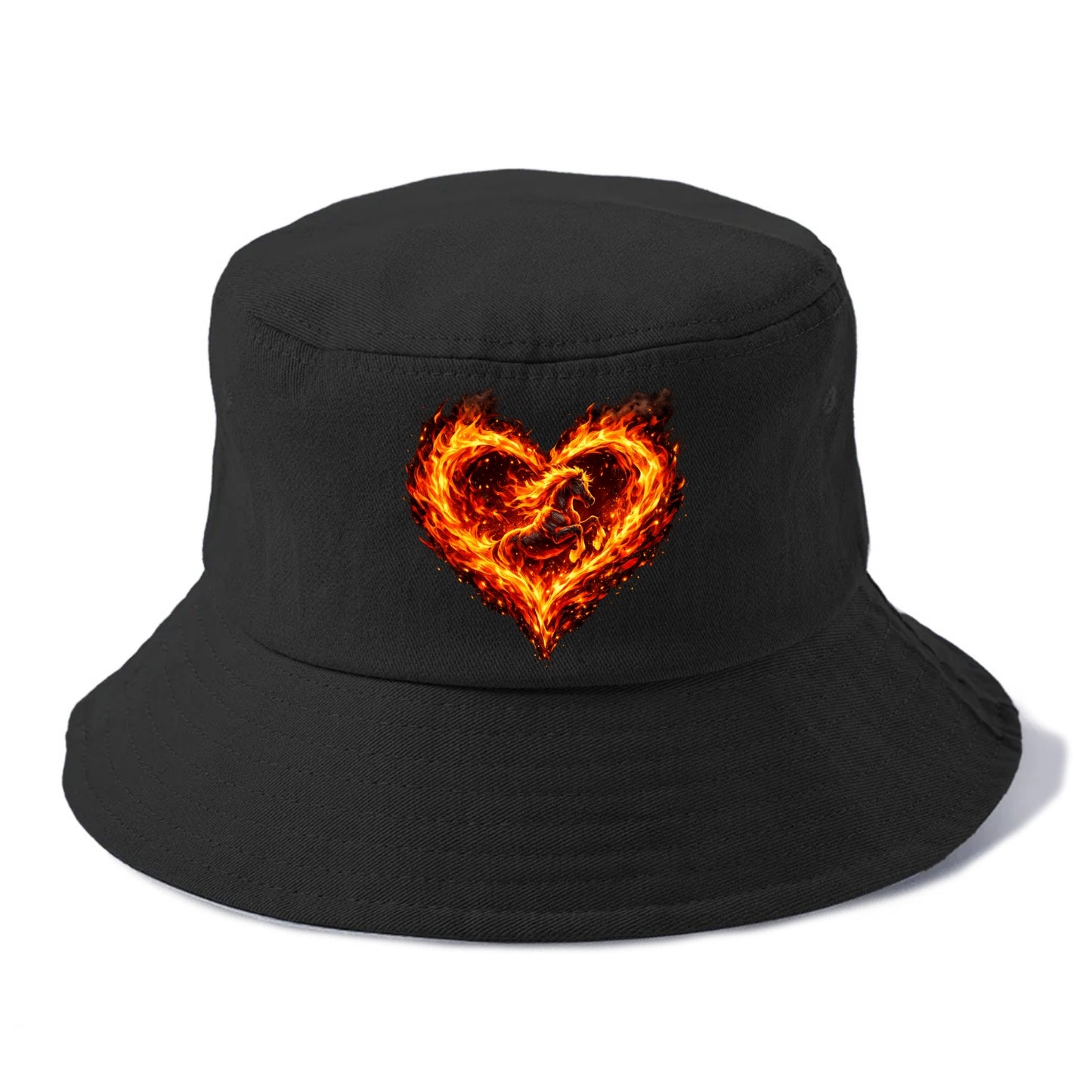 HEART OF FIRE | Flaming heart with horse silhouette inside | Passion embodied | Love - Bucket Hat - Black