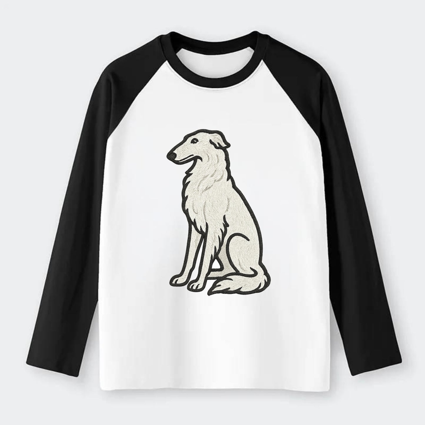 Borzoi - White embroidered sitting pose - Raglan Long Sleeve T-Shirt - Black