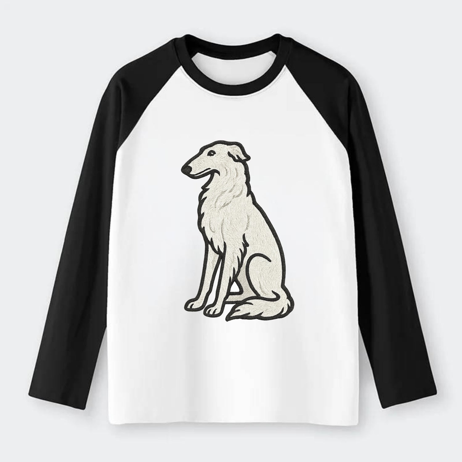 Borzoi - White embroidered sitting pose - Raglan Long Sleeve T-Shirt - Black