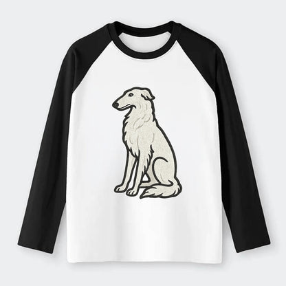 Borzoi - White embroidered sitting pose - Raglan Long Sleeve T-Shirt - Black