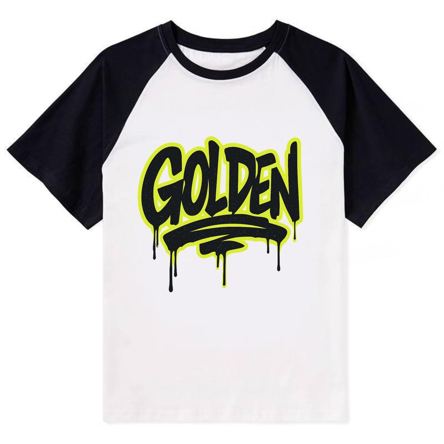 Bold typography design - "GOLDEN" - precious, valuable, excellent - Contrast Raglan T-shirt - Black