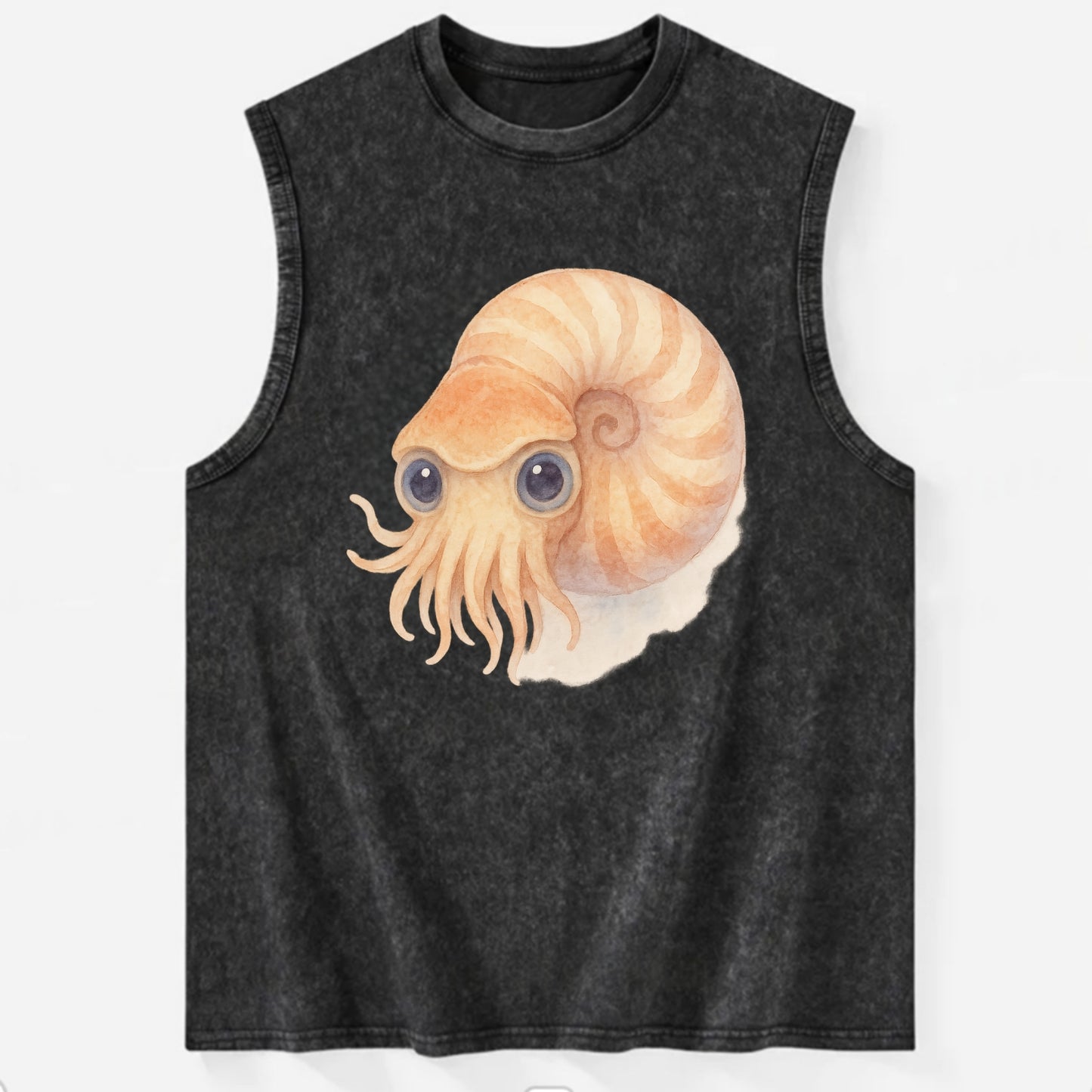 Baby Nautilus - spiral shell, tentacles peeking, ancient eyes, front-facing, - Vintage Washed Tank - Black