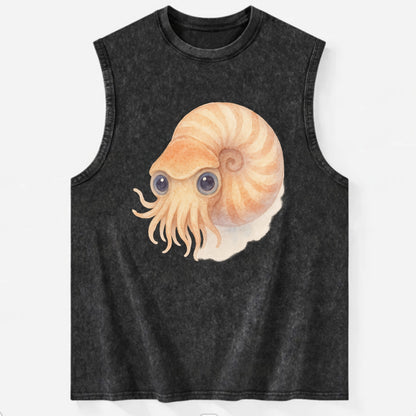 Baby Nautilus - spiral shell, tentacles peeking, ancient eyes, front-facing, - Vintage Washed Tank - Black