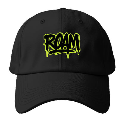 Bold typography design - "ROAM" - wander freely, no destination needed - Baseball Cap - Black
