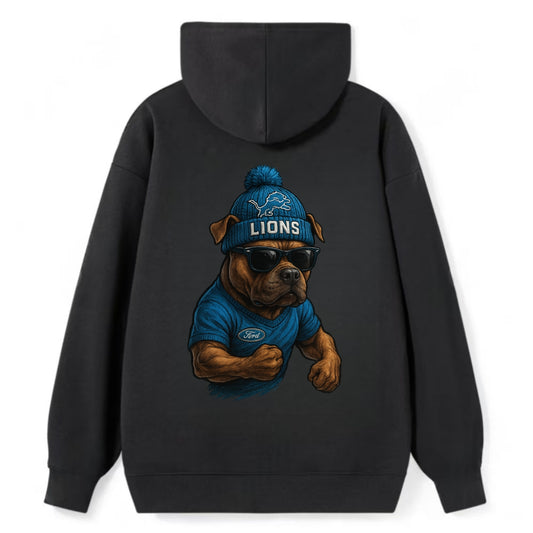 Detroit Pitbull wearing Lions beanie with auto patch and wayfarer - Classic Pullover Hoodie - Black