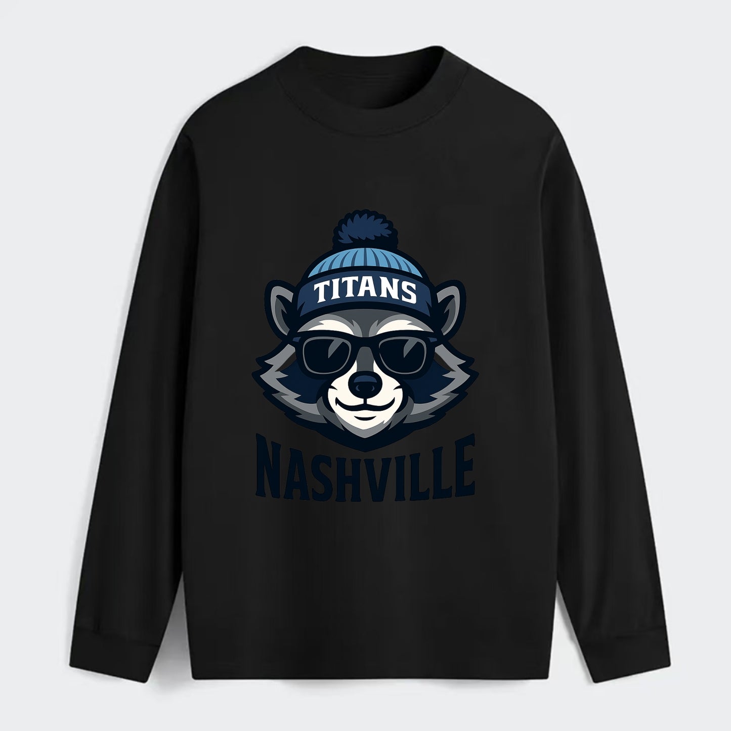 Nashville Raccoon wearing Titans navy and light blue beanie with pom - Classic Long Sleeve Shirt - Black