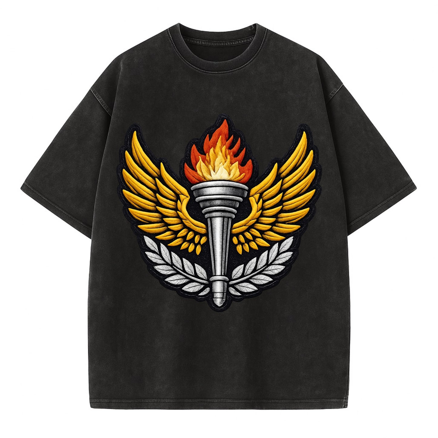 Embroidered patch design - TRACK AND FIELD TORCH - Olympic style torch with wings - Vintage T-shirt - Black