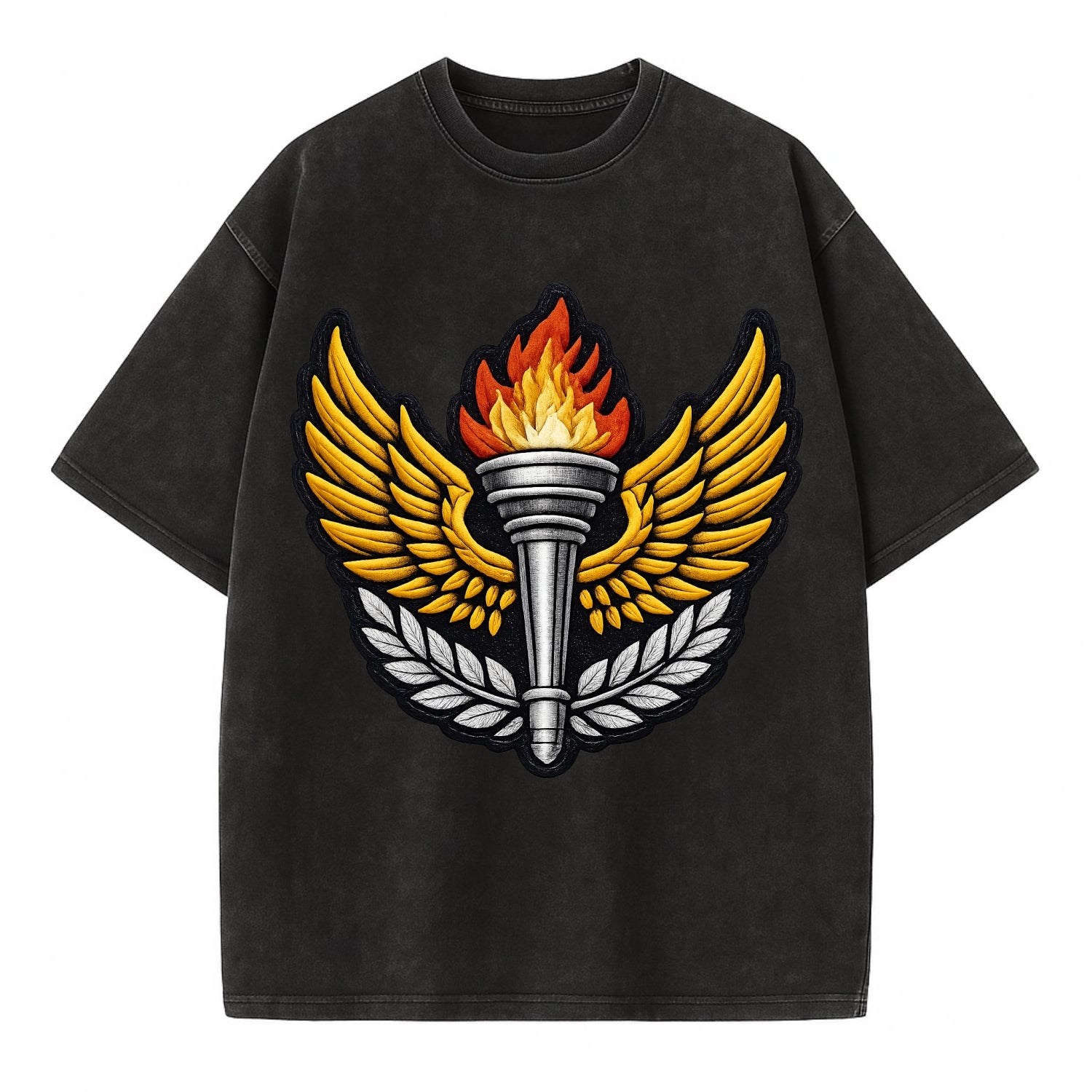 Embroidered patch design - TRACK AND FIELD TORCH - Olympic style torch with wings - Vintage T-shirt - Black