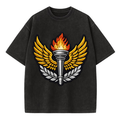 Embroidered patch design - TRACK AND FIELD TORCH - Olympic style torch with wings - Vintage T-shirt - Black