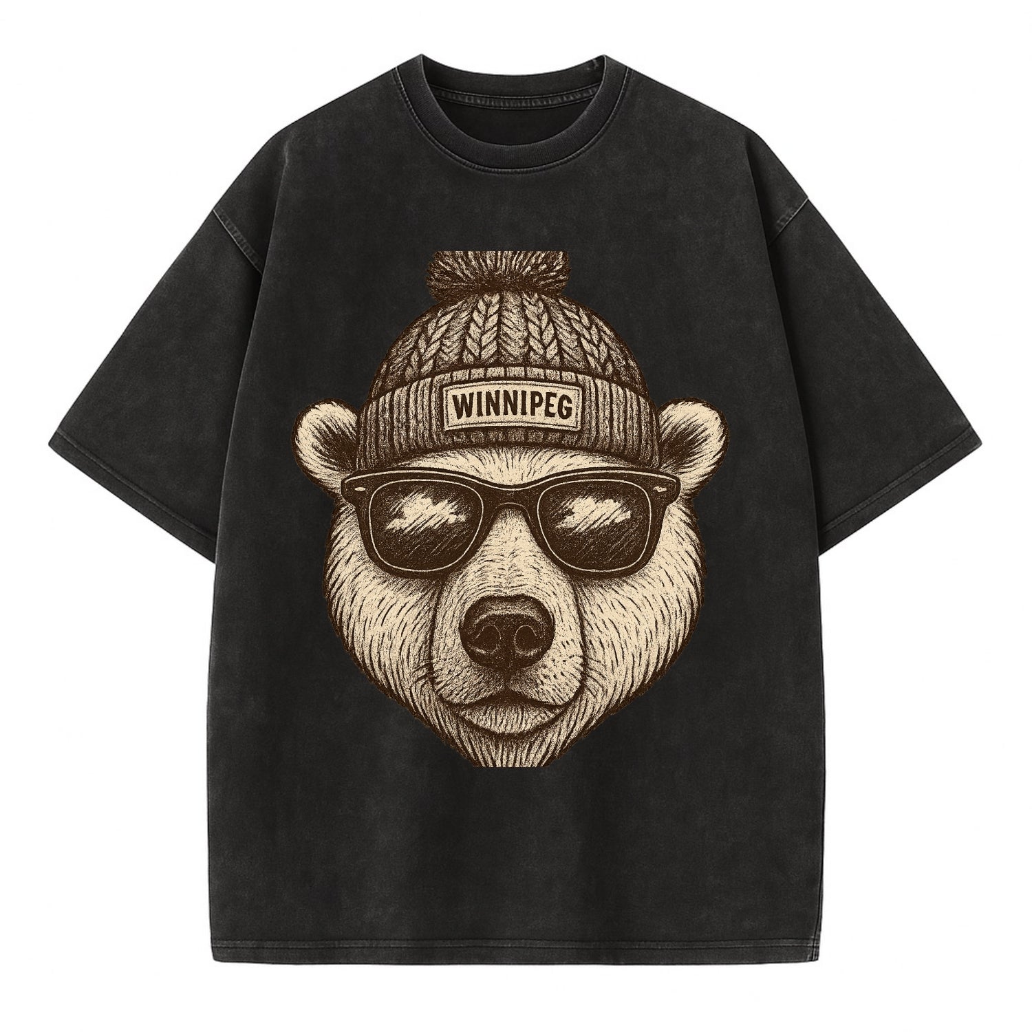 Winnipeg Polar Bear wearing Winnipeg beanie with pom pom and wayfarer sunglasses - Vintage T-shirt - Black