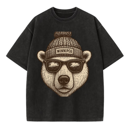 Winnipeg Polar Bear wearing Winnipeg beanie with pom pom and wayfarer sunglasses - Vintage T-shirt - Black