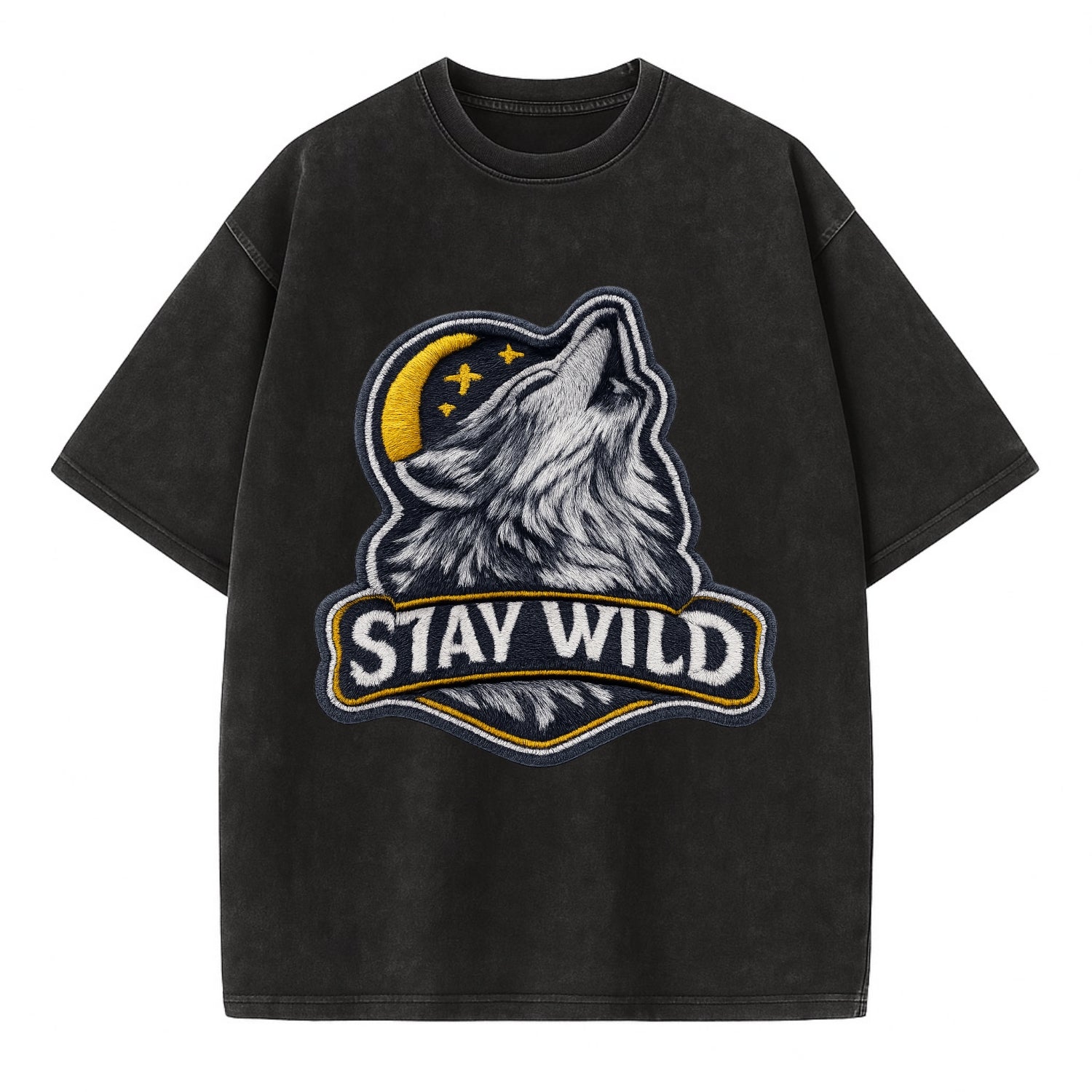 STAY WILD - wolf with text in gray , free spirit - Vintage T-shirt - Black