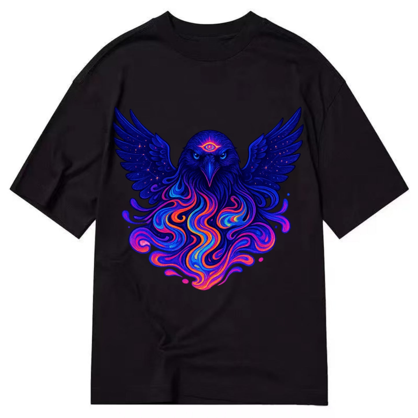 Mysterious raven with feathers showing future visions in neon colors, wings - Classic T-shirt - Black