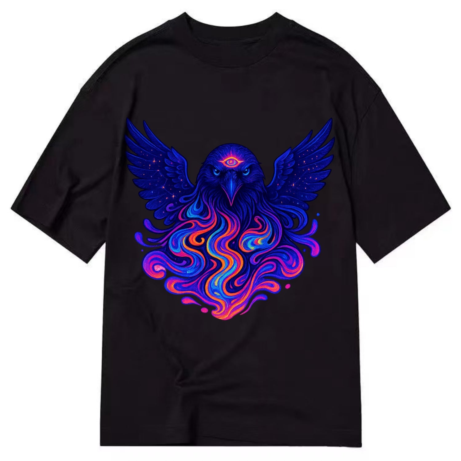 Mysterious raven with feathers showing future visions in neon colors, wings - Classic T-shirt - Black
