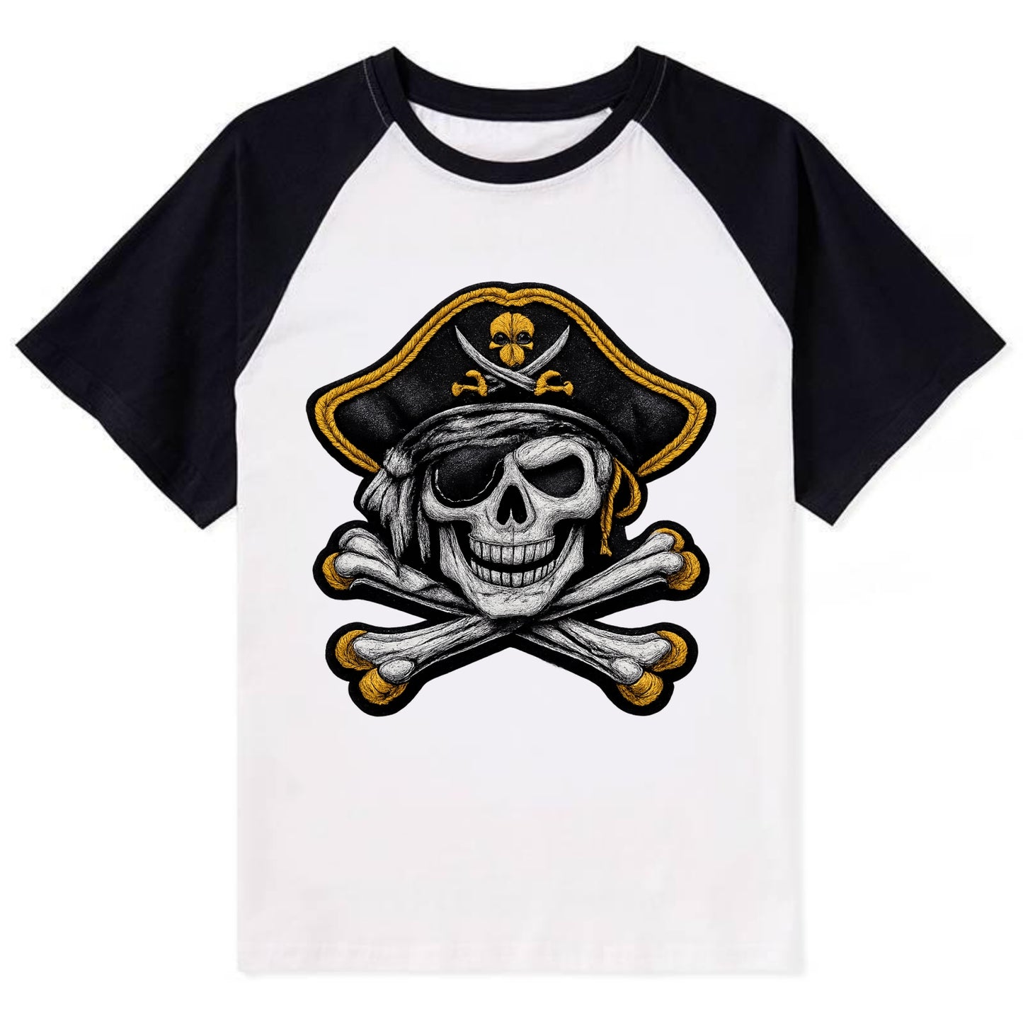 PIRATE SKULL - Jolly Roger skull in black and white , pirate - Contrast Raglan T-shirt - Black