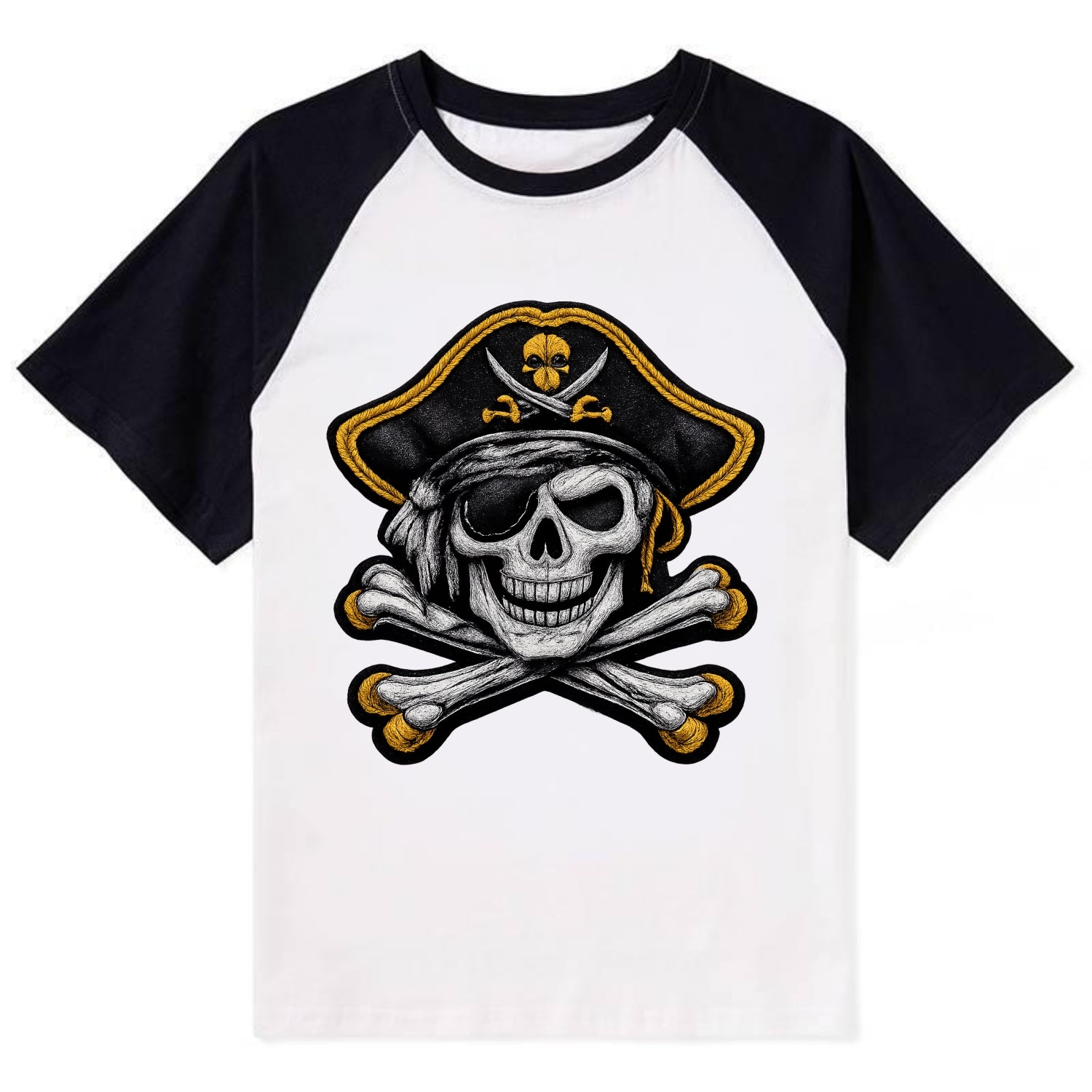 PIRATE SKULL - Jolly Roger skull in black and white , pirate - Contrast Raglan T-shirt - Black