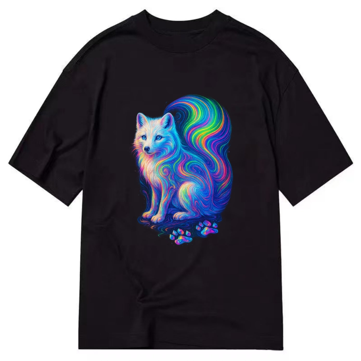 Graceful arctic fox with tail streaming aurora colors, white fur with prismatic - Classic T-shirt - Black