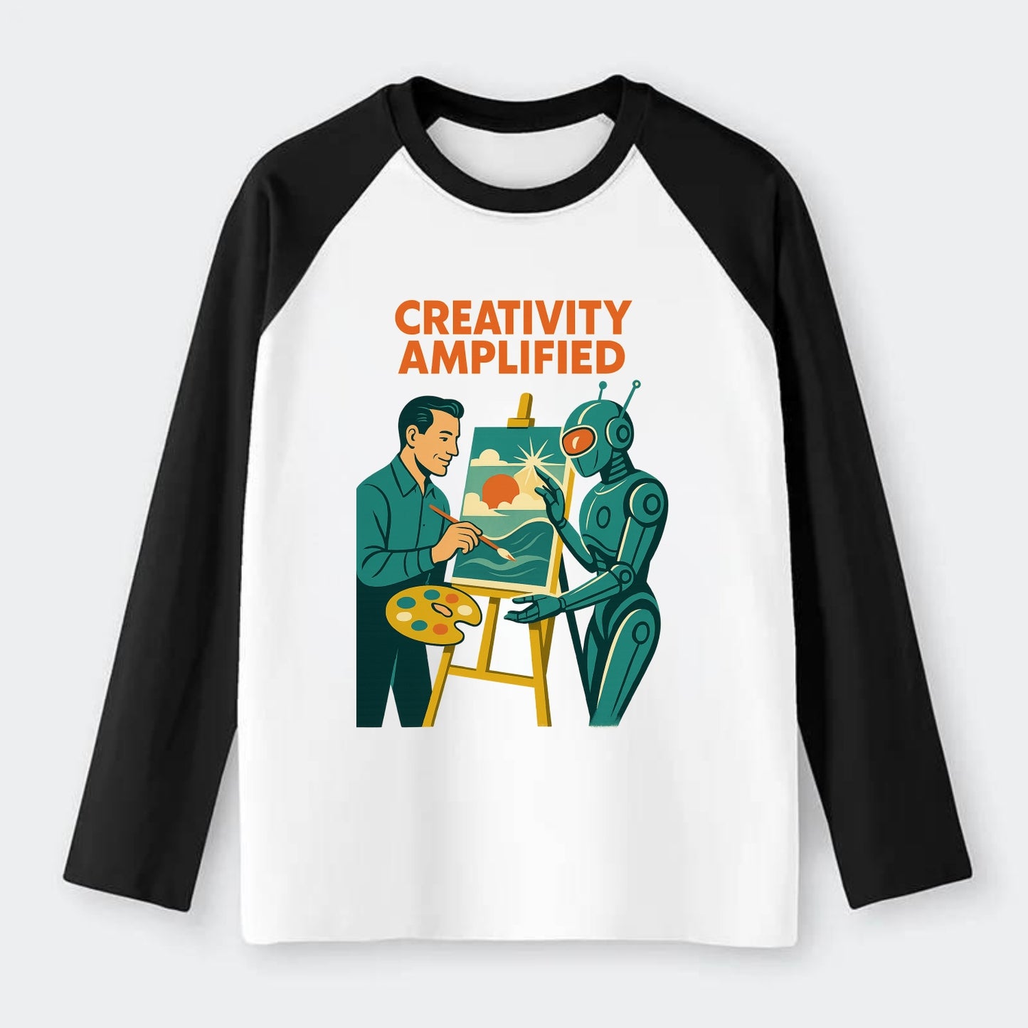 Artist and AI creating beautiful masterpiece together - "Creativity - Raglan Long Sleeve T-Shirt - Black