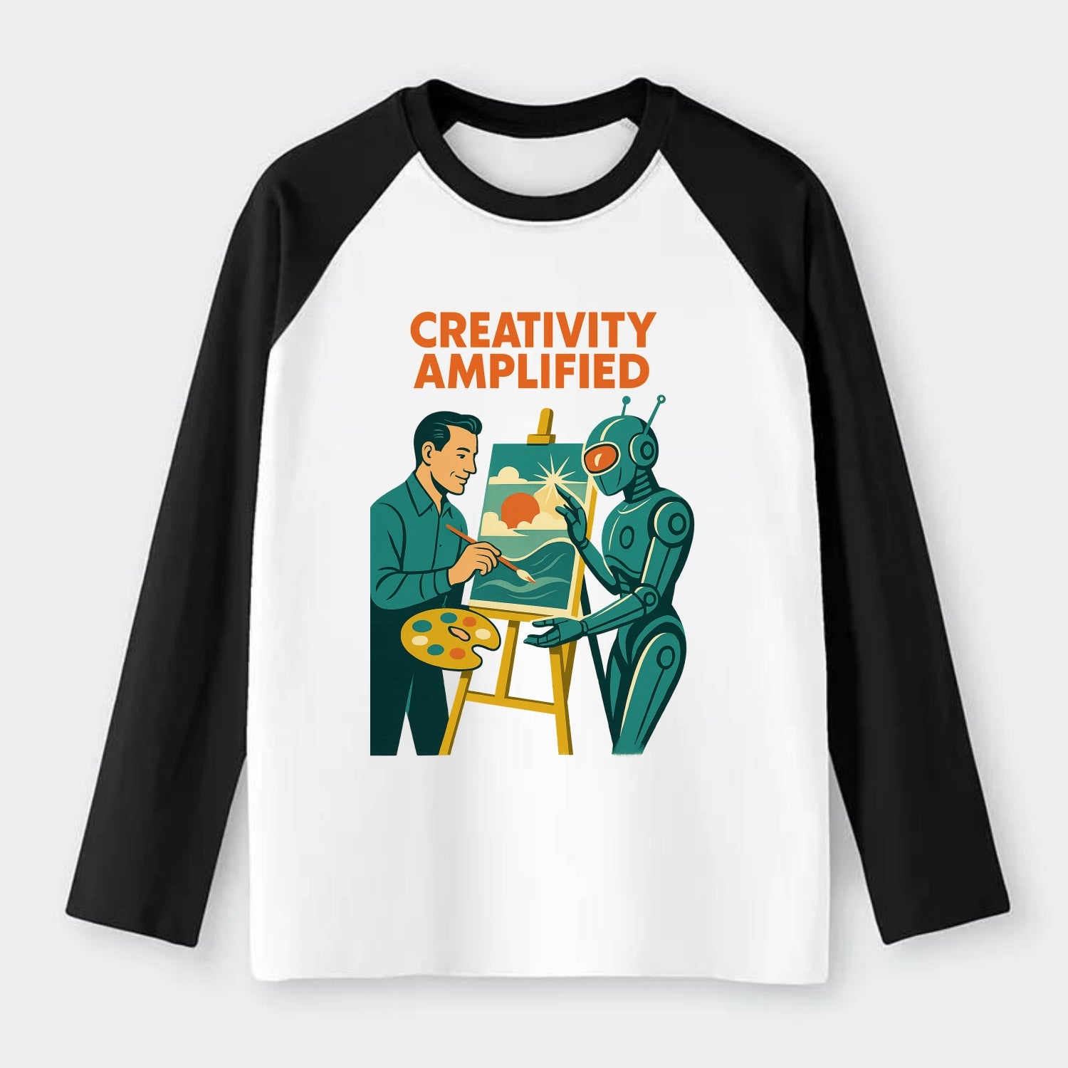 Artist and AI creating beautiful masterpiece together - "Creativity - Raglan Long Sleeve T-Shirt - Black