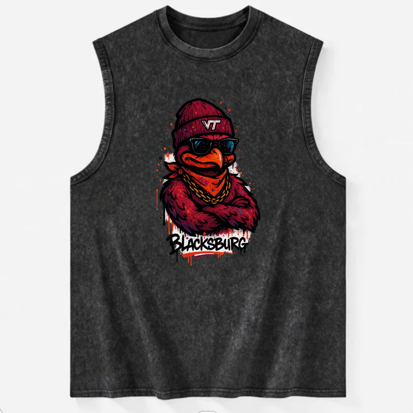 Blacksburg HokieBird wearing Virginia Tech beanie with VT patch - Vintage Washed Tank - Black