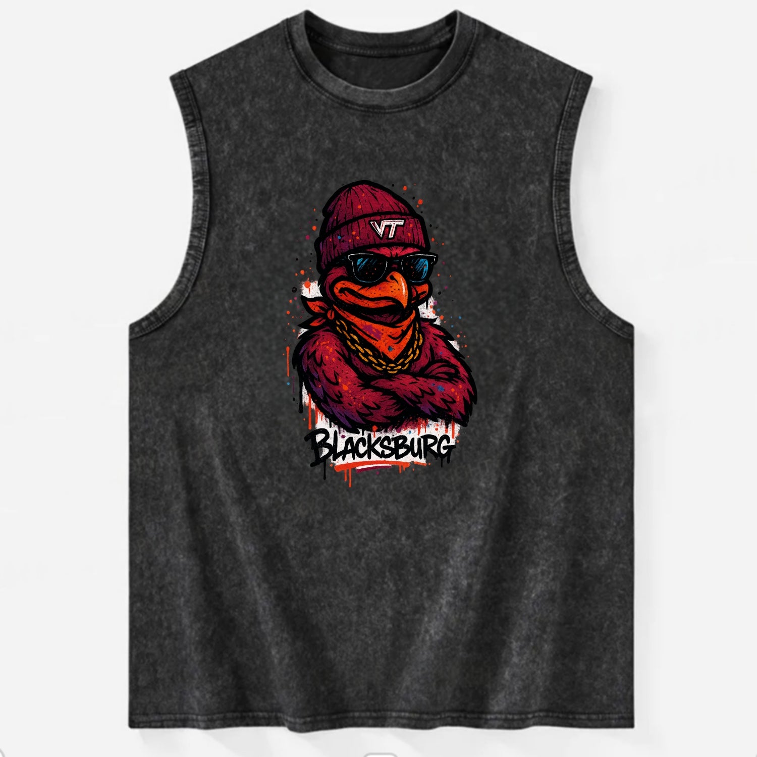 Blacksburg HokieBird wearing Virginia Tech beanie with VT patch - Vintage Washed Tank - Black