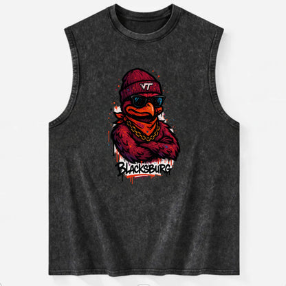 Blacksburg HokieBird wearing Virginia Tech beanie with VT patch - Vintage Washed Tank - Black