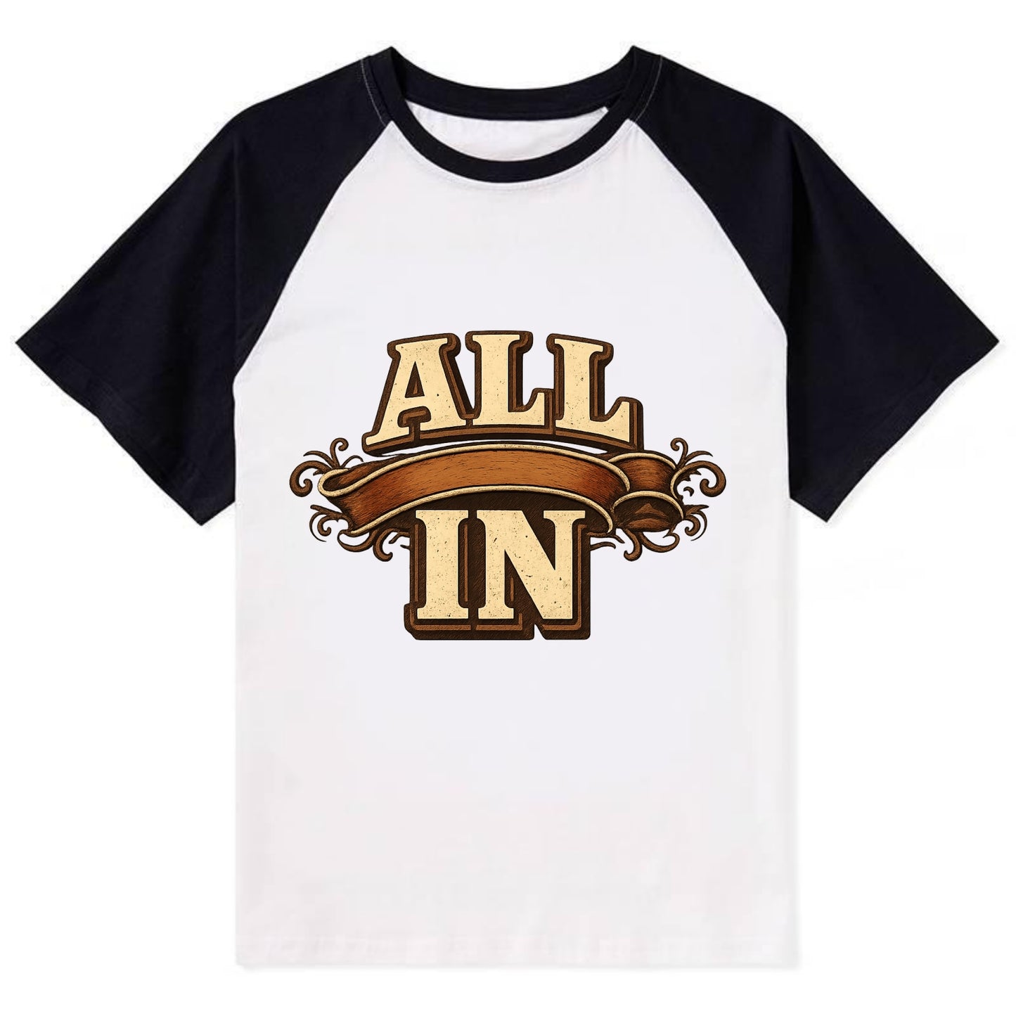 Bold typography design - "ALL IN" - complete commitment, no holding back - Contrast Raglan T-shirt - Black