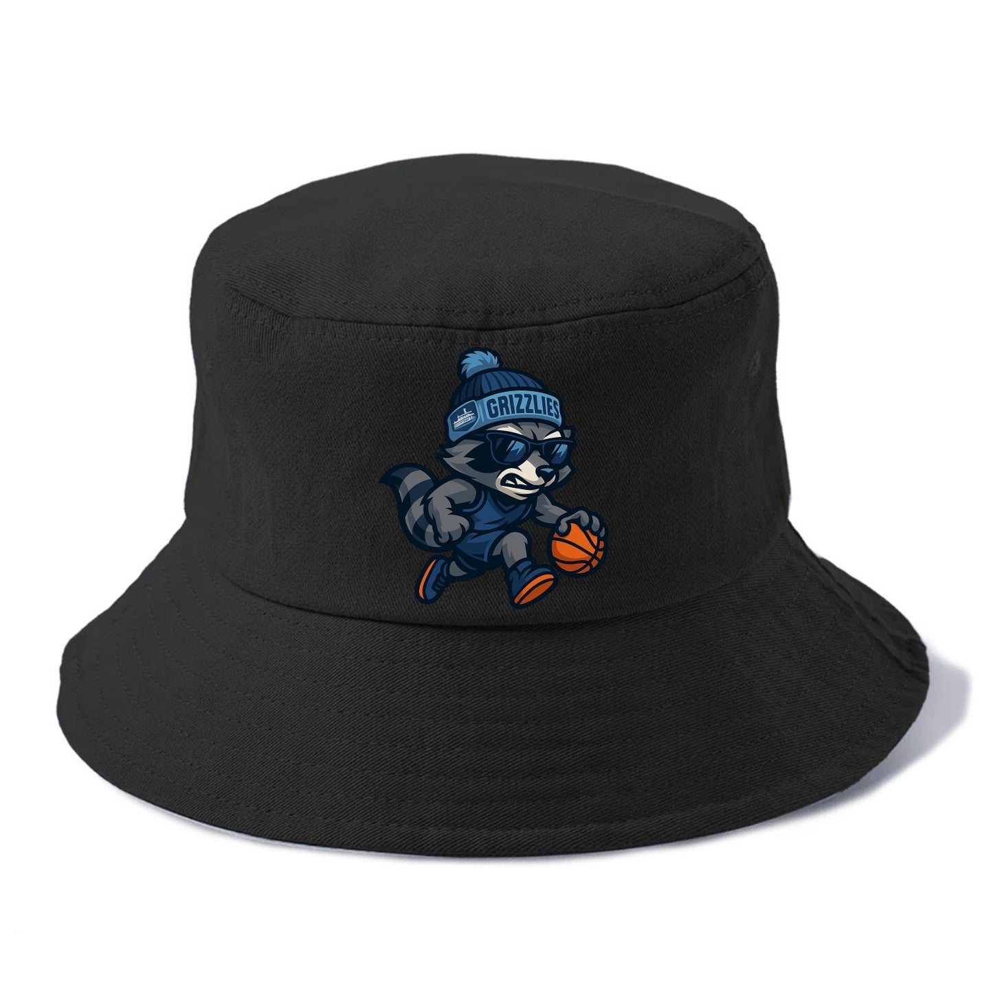 Memphis Raccoon wearing Grizzlies beanie with riverboat patch and wayfarer sunglasses - Bucket Hat - Black