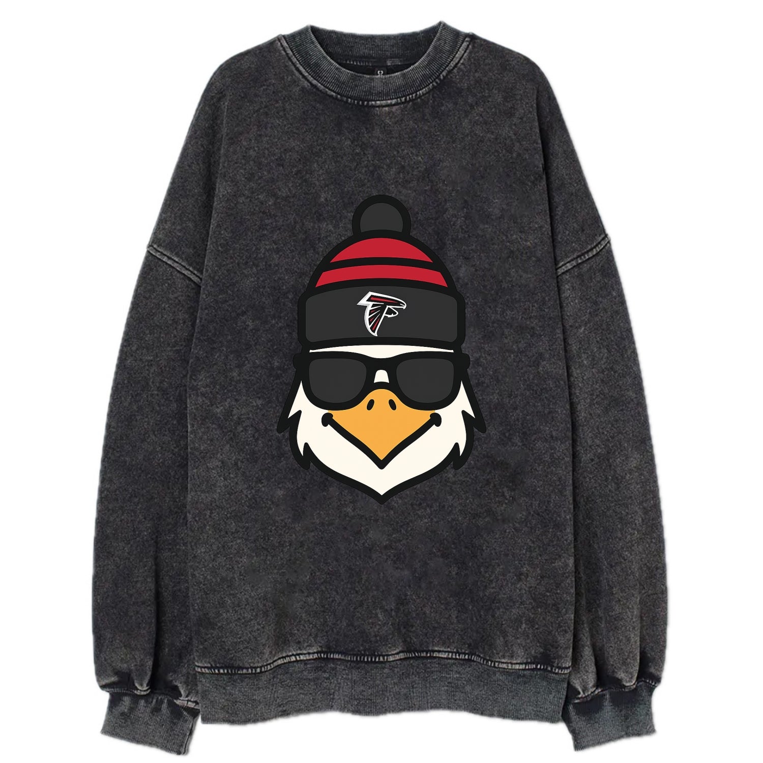 Atlanta Falcon wearing Falcons red and black beanie with pom pom and wayfarer - Vintage Sweatshirt - Black