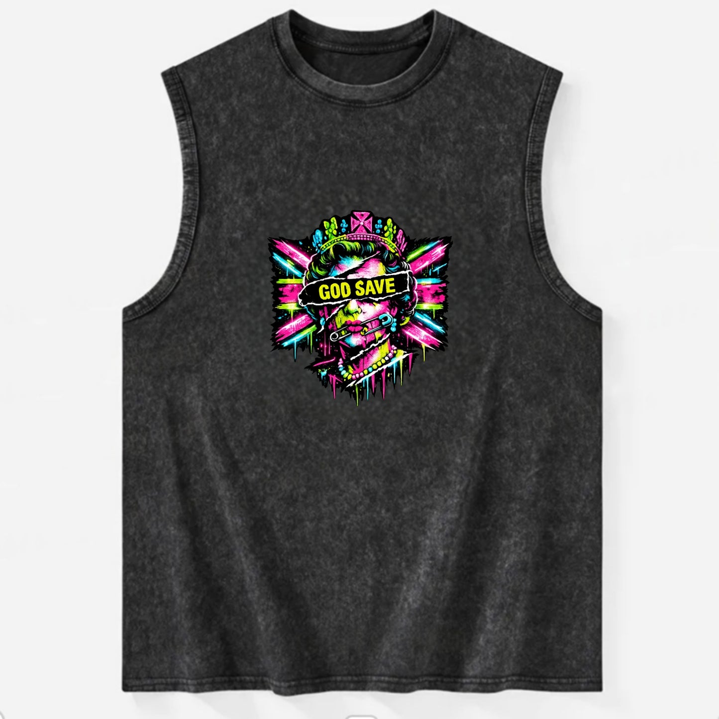 GOD SAVE | Torn royal portrait style | Blackout bar across eyes | Safety pin - Vintage Washed Tank - Black