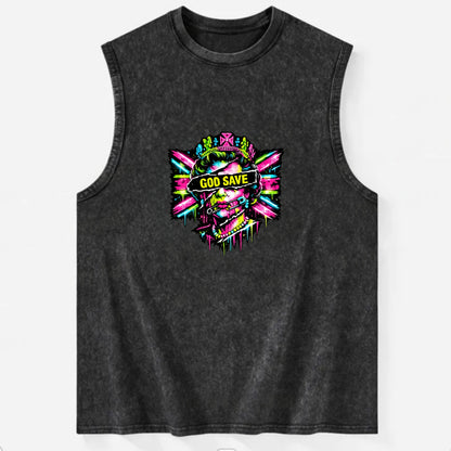 GOD SAVE | Torn royal portrait style | Blackout bar across eyes | Safety pin - Vintage Washed Tank - Black