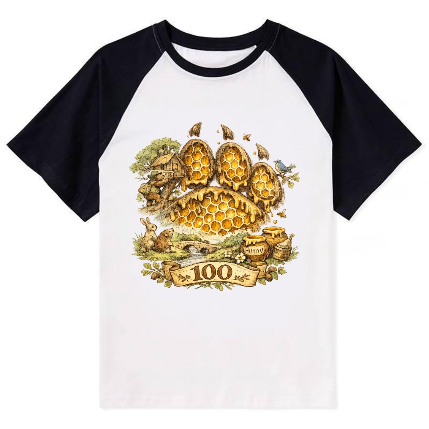 HONEY PAW | Bear paw print filled with honeycomb | Sticky evidence | - Contrast Raglan T-shirt - Black