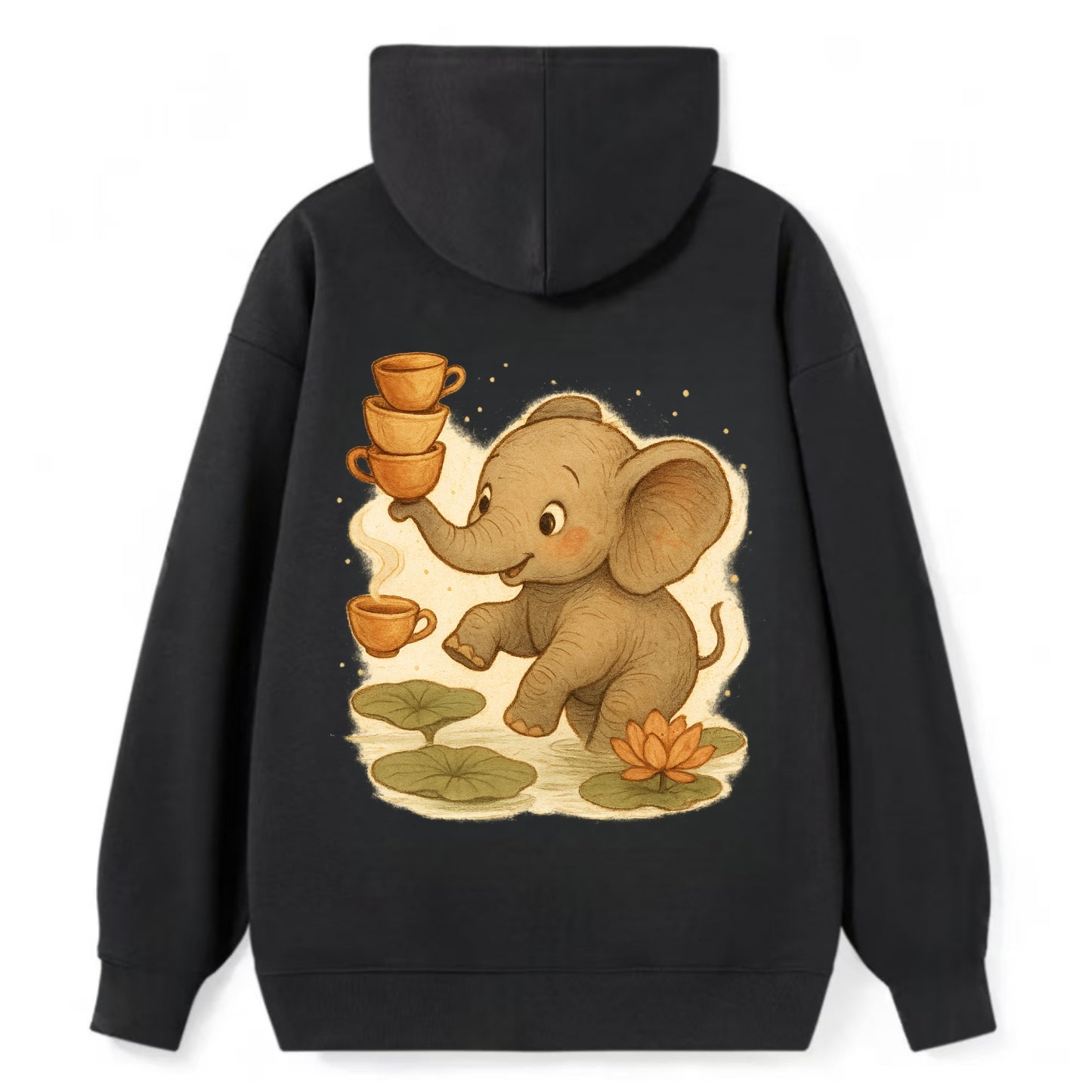 Elephant balancing teacups during a floating tea ceremony beside lotus - Classic Pullover Hoodie - Black