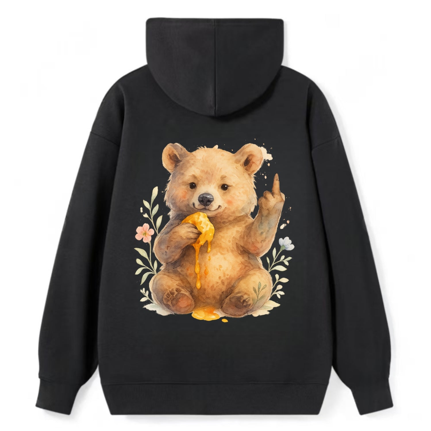 chubby bear cub eating dripping honey, sticky paw up with middle finger - Classic Pullover Hoodie - Black
