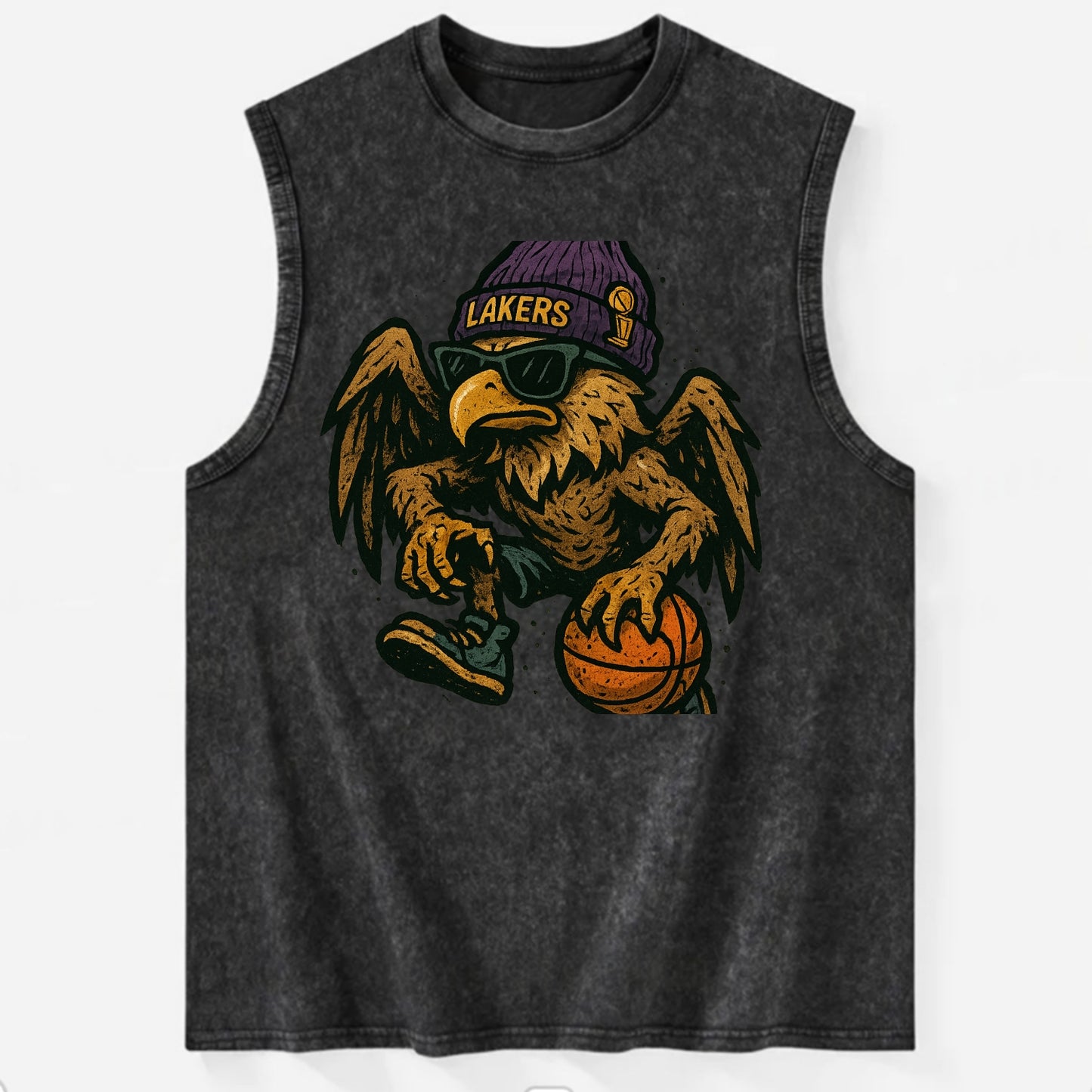 Los Angeles Golden Eagle wearing Lakers beanie with trophy patch and wayfarer - Vintage Washed Tank - Black