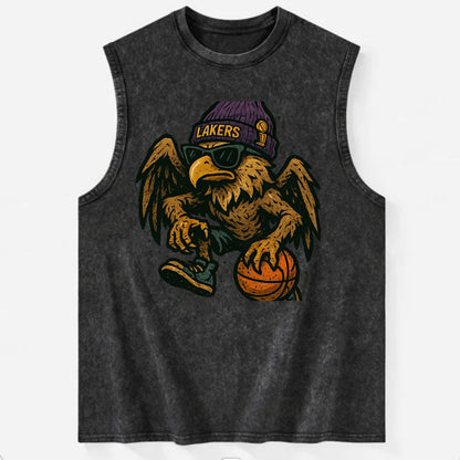 Los Angeles Golden Eagle wearing Lakers beanie with trophy patch and wayfarer - Vintage Washed Tank - Black