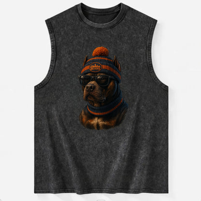 Chicago Pitbull wearing Bears beanie with skyline patch and wayfarer - Vintage Washed Tank - Black