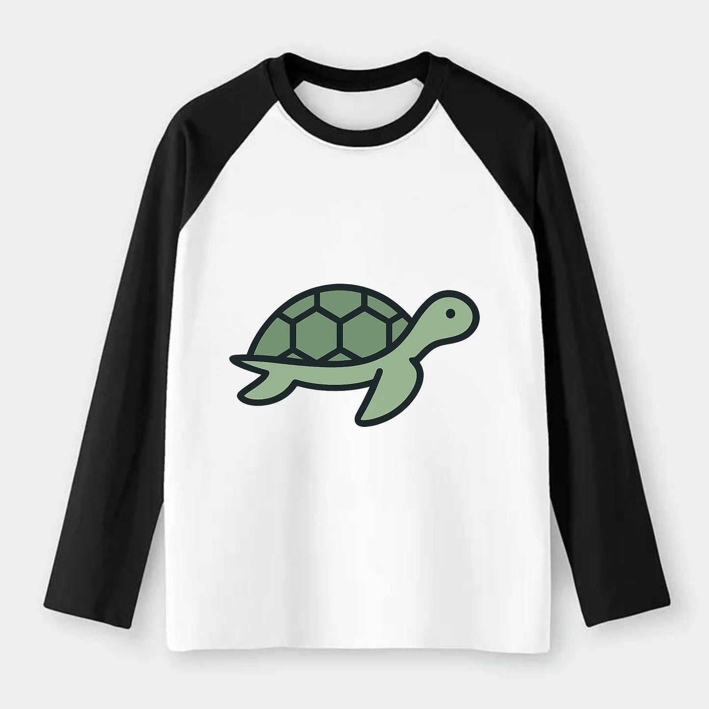 Sea Turtle - Green with shell pattern flat side profile - Raglan Long Sleeve T-Shirt - Black