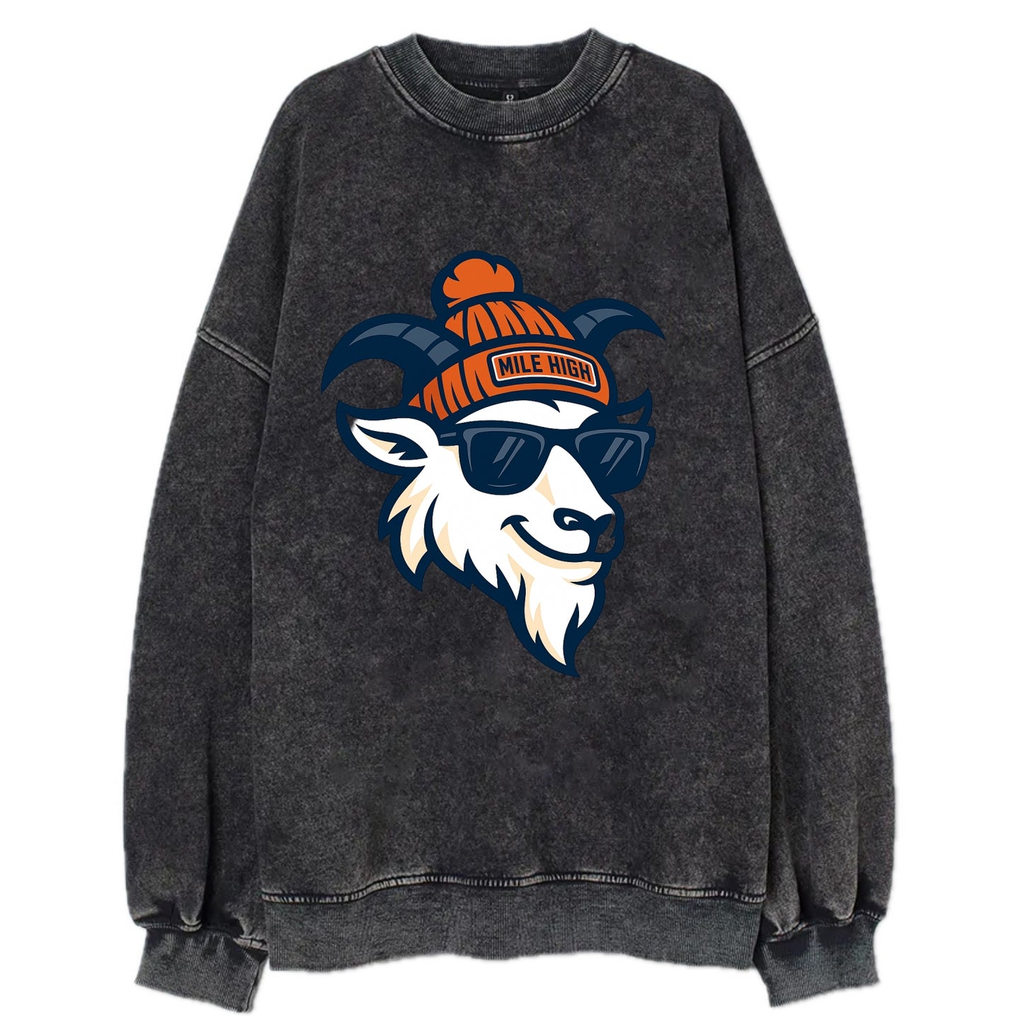 Denver Mountain Goat wearing Broncos beanie with Mile High patch and wayfarer - Vintage Sweatshirt - Black