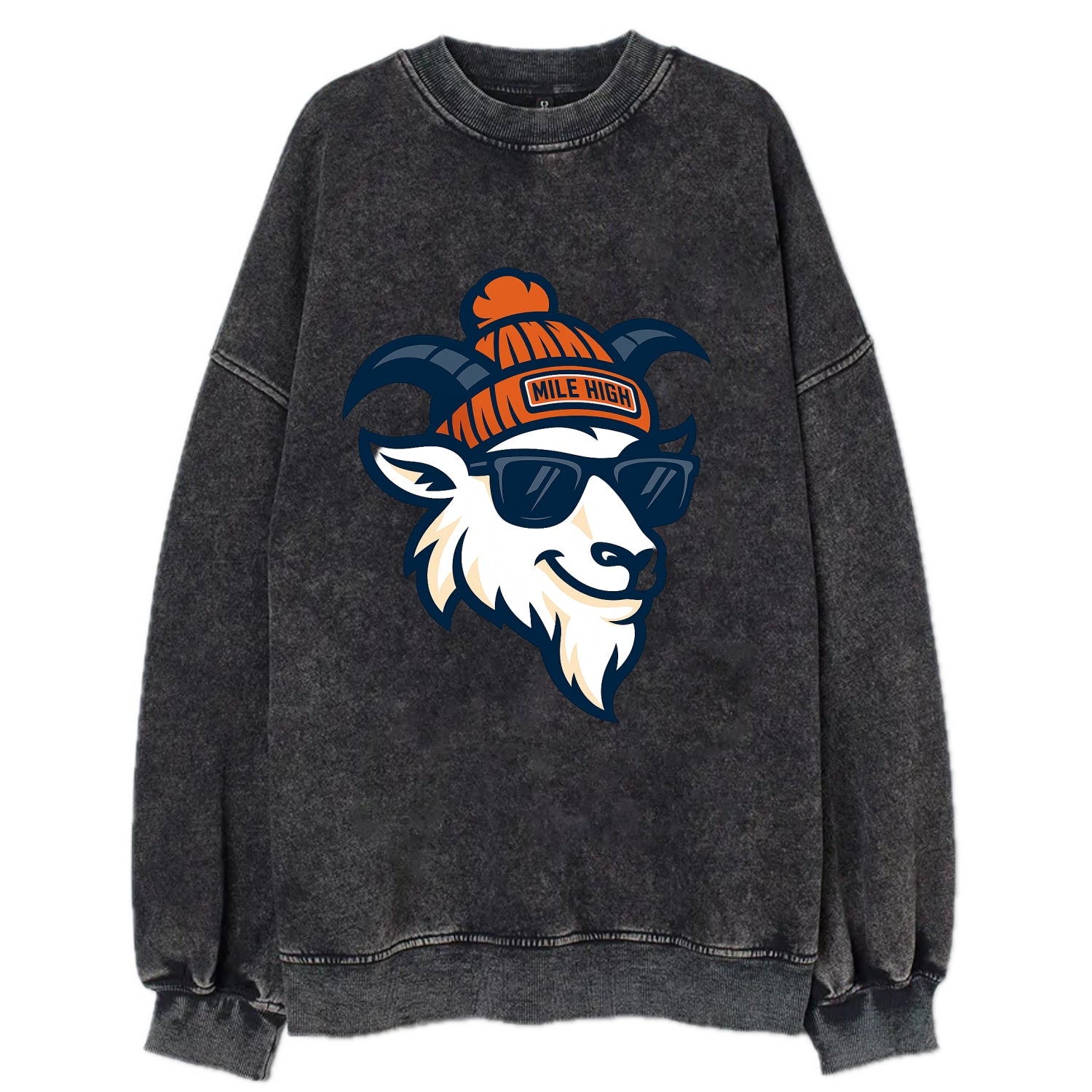 Denver Mountain Goat wearing Broncos beanie with Mile High patch and wayfarer - Vintage Sweatshirt - Black