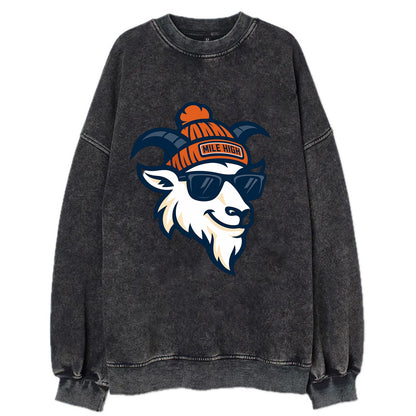 Denver Mountain Goat wearing Broncos beanie with Mile High patch and wayfarer - Vintage Sweatshirt - Black