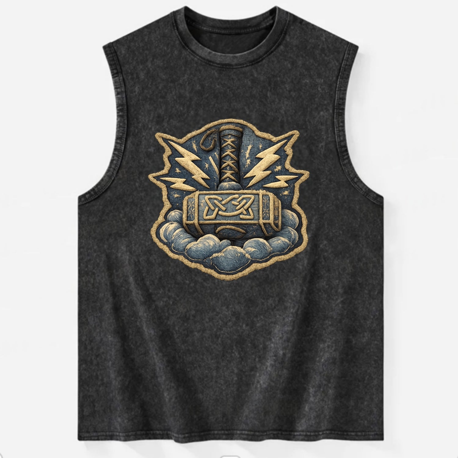 THOR HAMMER MJOLNIR - mighty hammer in silver and blue , thunder god - Vintage Washed Tank - Black