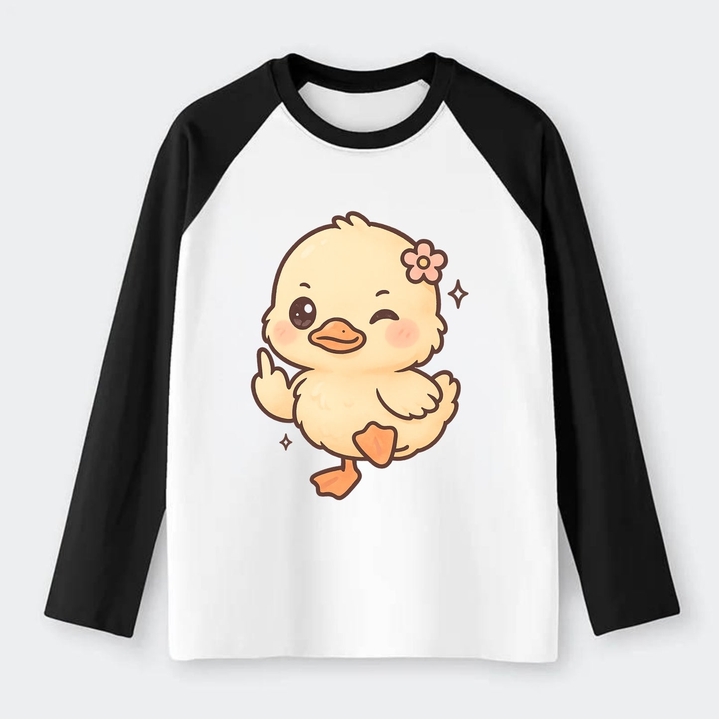 fluffy baby duck with small flower, one webbed foot raised sassily - Raglan Long Sleeve T-Shirt - Black