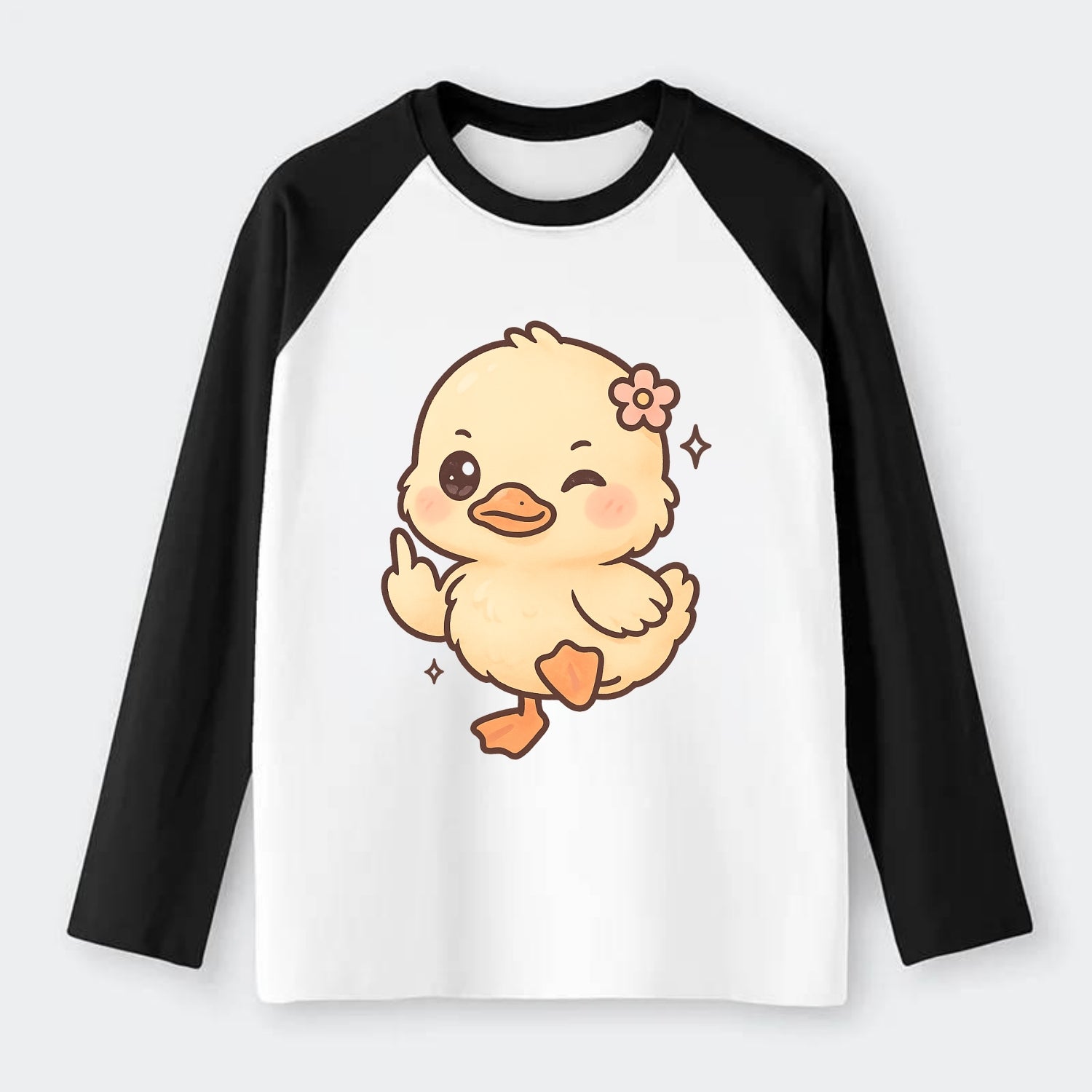 fluffy baby duck with small flower, one webbed foot raised sassily - Raglan Long Sleeve T-Shirt - Black