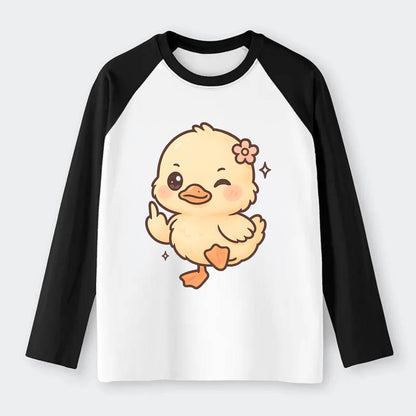 fluffy baby duck with small flower, one webbed foot raised sassily - Raglan Long Sleeve T-Shirt - Black