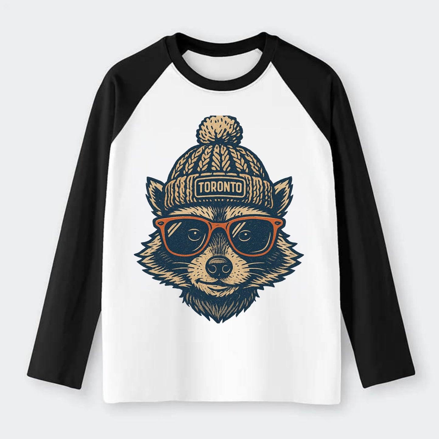 Toronto Raccoon wearing Toronto beanie w - Raglan Long Sleeve T-Shirt - Black