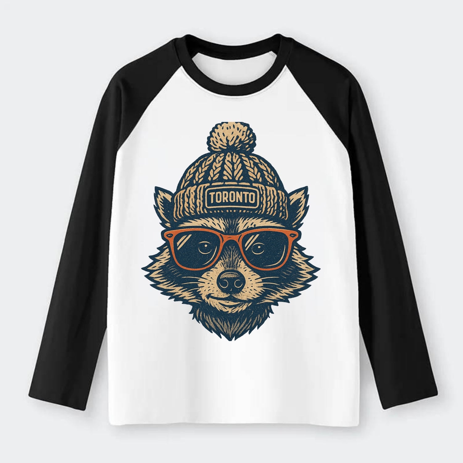 Toronto Raccoon wearing Toronto beanie w - Raglan Long Sleeve T-Shirt - Black