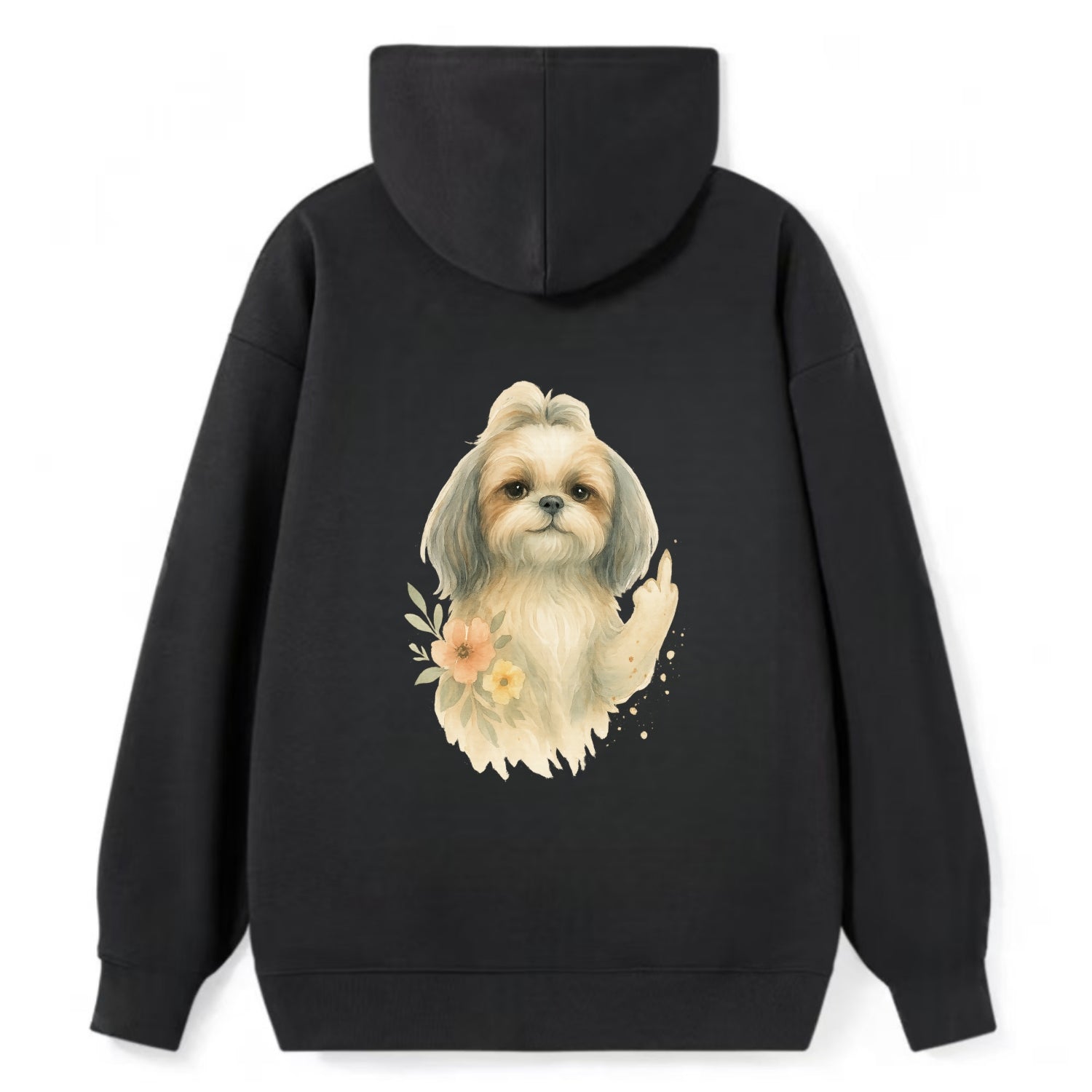 Shih Tzu with long flowing silky hair, tiny paw showing attitude - Classic Pullover Hoodie - Black