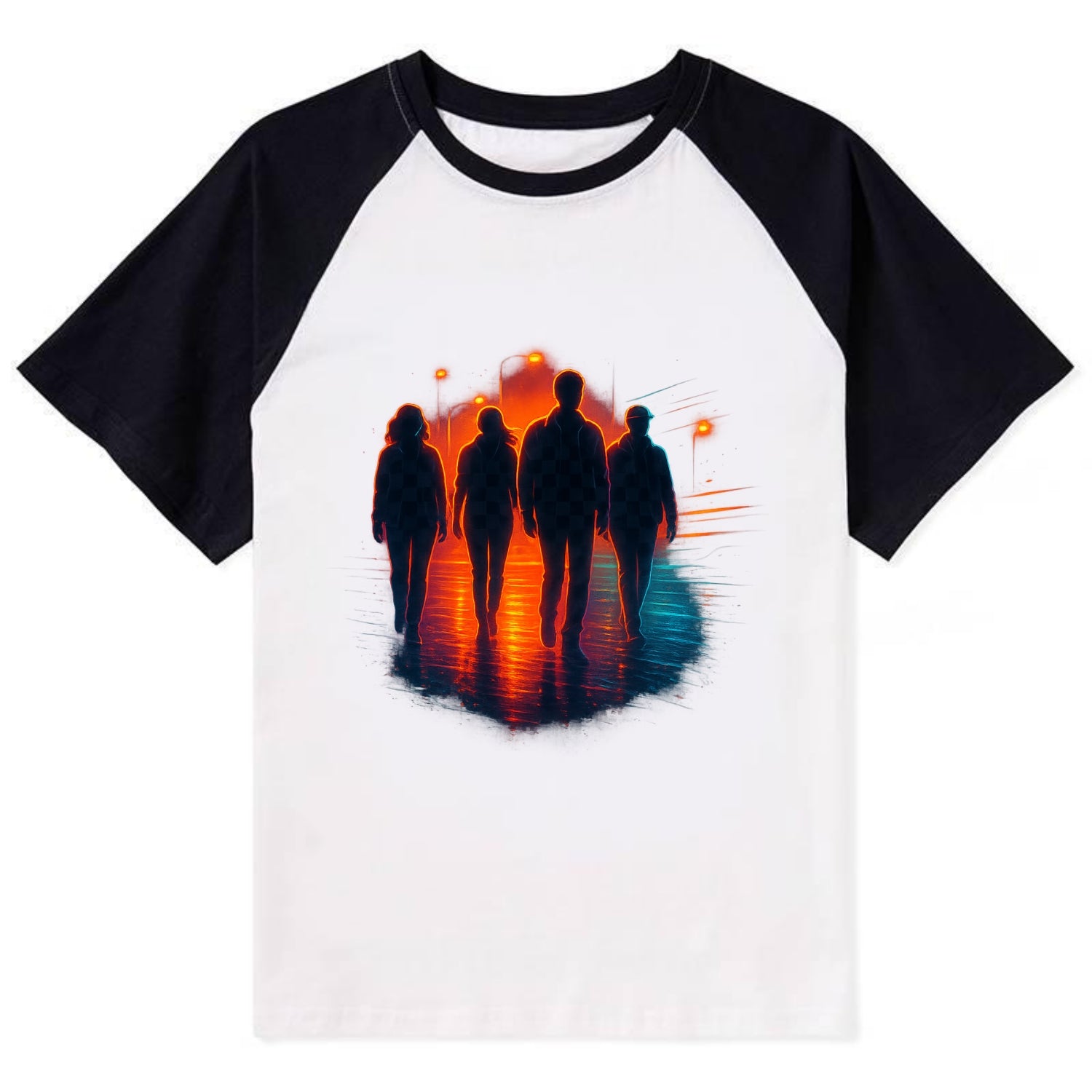 gang of silhouettes walking together at sunset by the beach - Contrast Raglan T-shirt - Black